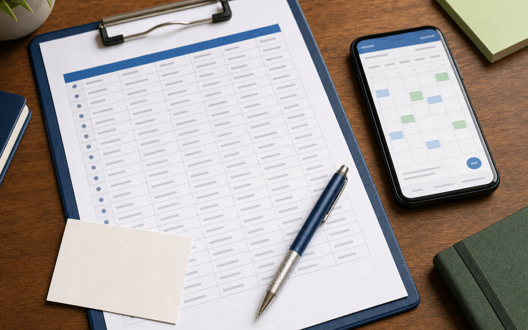 b2b prospecting south africa — sales prospecting workspace flat-lay with clipboard, prospect list and smartphone