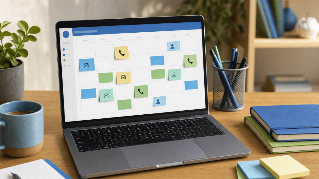 b2b sales cadence guide — colour-coded outreach sequence calendar on a desk