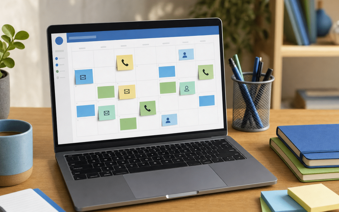 b2b sales cadence guide — colour-coded outreach sequence calendar on a desk