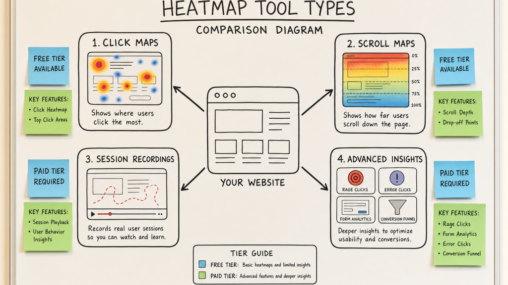 best heatmap tools comparison diagram showing click maps, scroll maps and session recording outputs