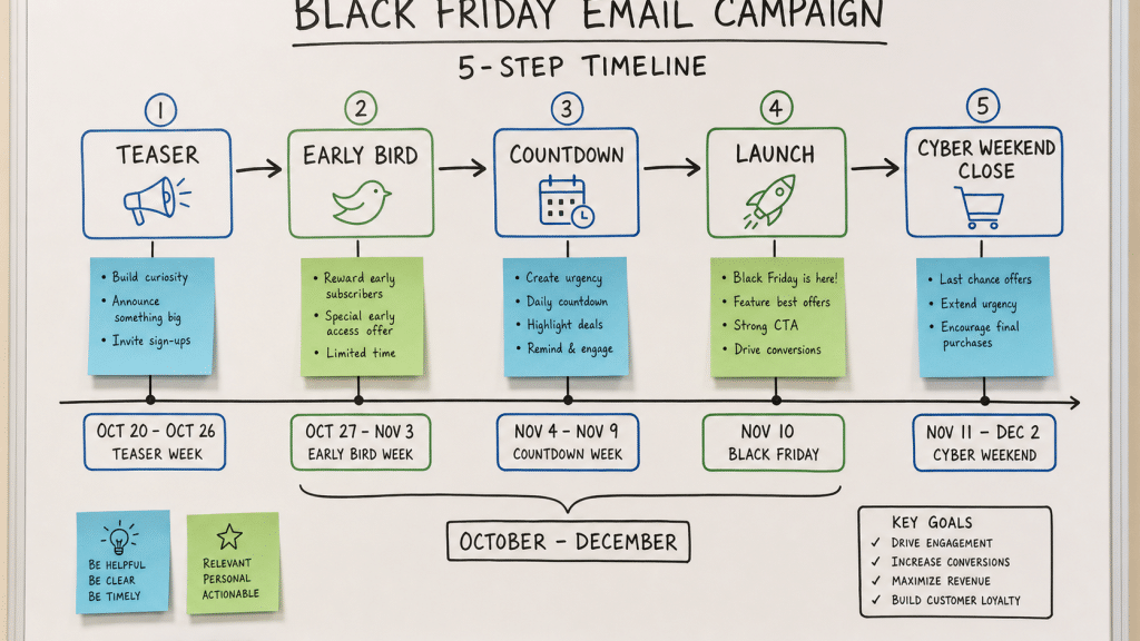 black friday email marketing South Africa six-week campaign timeline diagram on whiteboard
