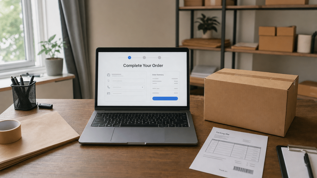 cart abandonment rate — a small South African ecommerce workspace with a laptop checkout screen, packing slip, and shipping box on a wooden desk