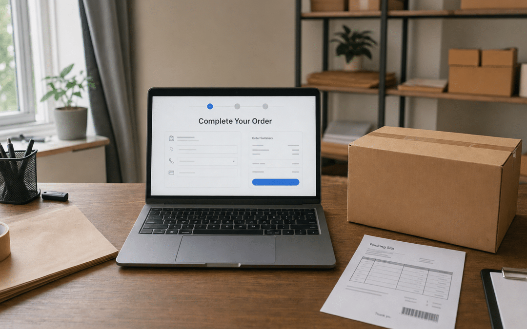 cart abandonment rate — a small South African ecommerce workspace with a laptop checkout screen, packing slip, and shipping box on a wooden desk