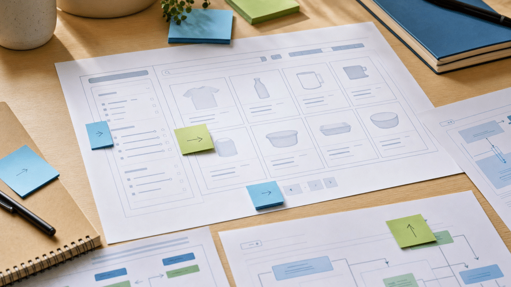 category page conversion optimization — product grid and filter planning diagram on a desk