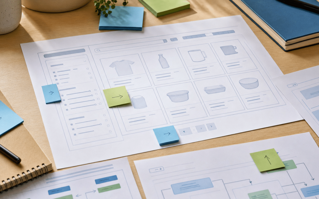 category page conversion optimization — product grid and filter planning diagram on a desk