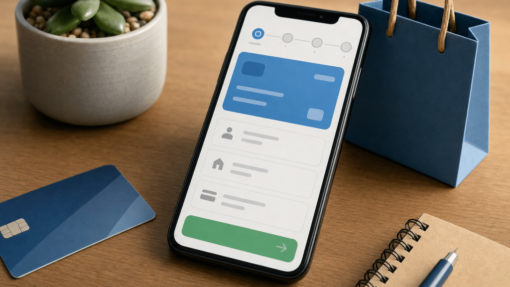 checkout abandonment optimization — SA merchant reviewing checkout flow steps on smartphone beside a credit card