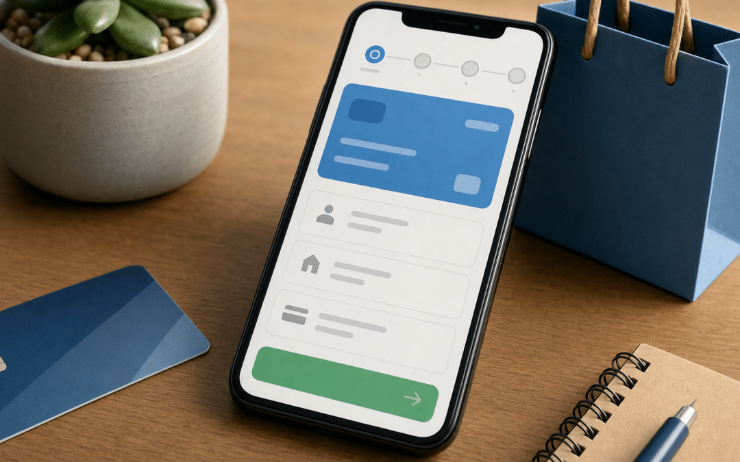 checkout abandonment optimization — SA merchant reviewing checkout flow steps on smartphone beside a credit card