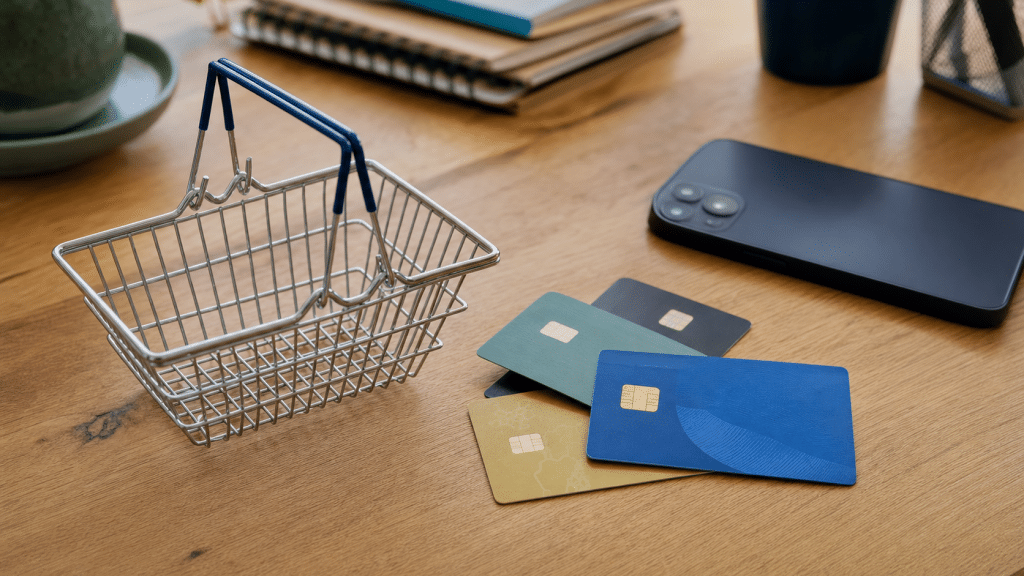 checkout abandonment south africa — abandoned shopping basket and scattered payment cards on a desk