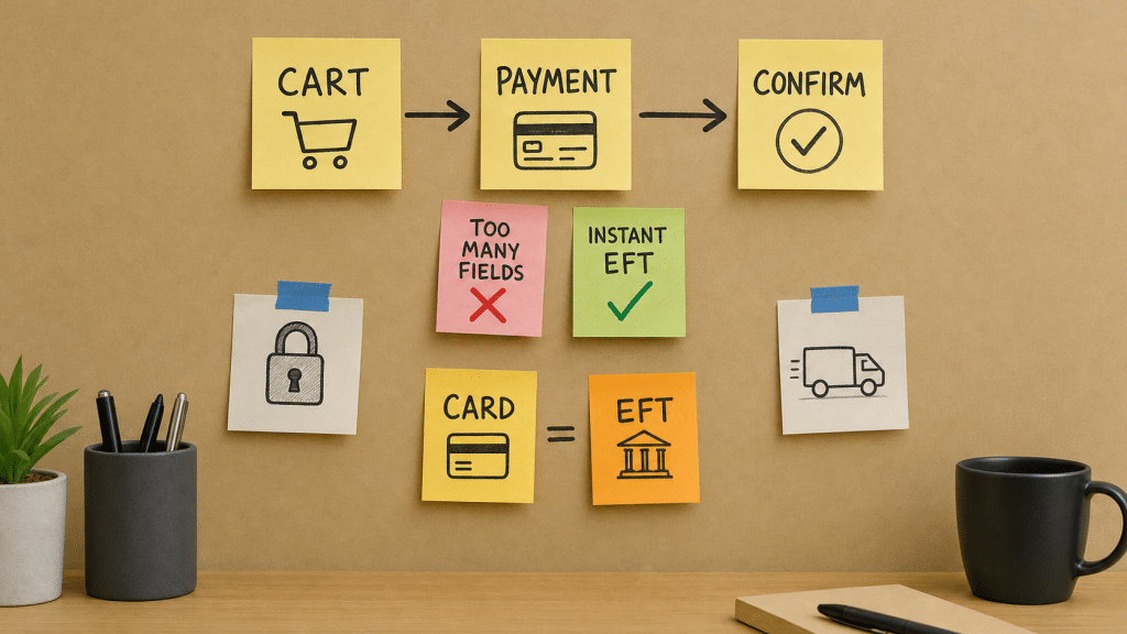 Checkout page optimisation flow diagram on kraft paper showing cart, payment and confirm steps with sticky notes for EFT and card options