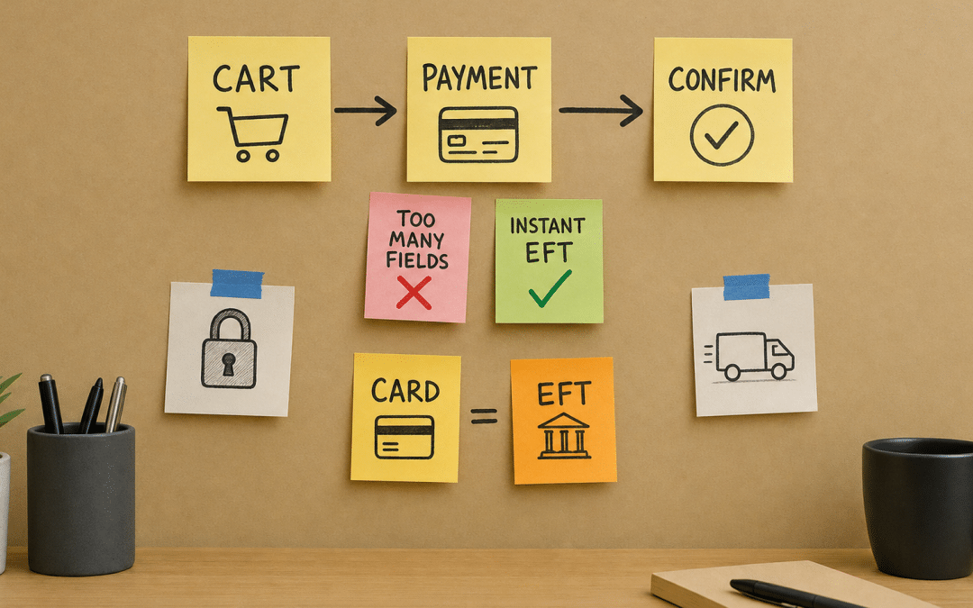 Checkout page optimisation flow diagram on kraft paper showing cart, payment and confirm steps with sticky notes for EFT and card options