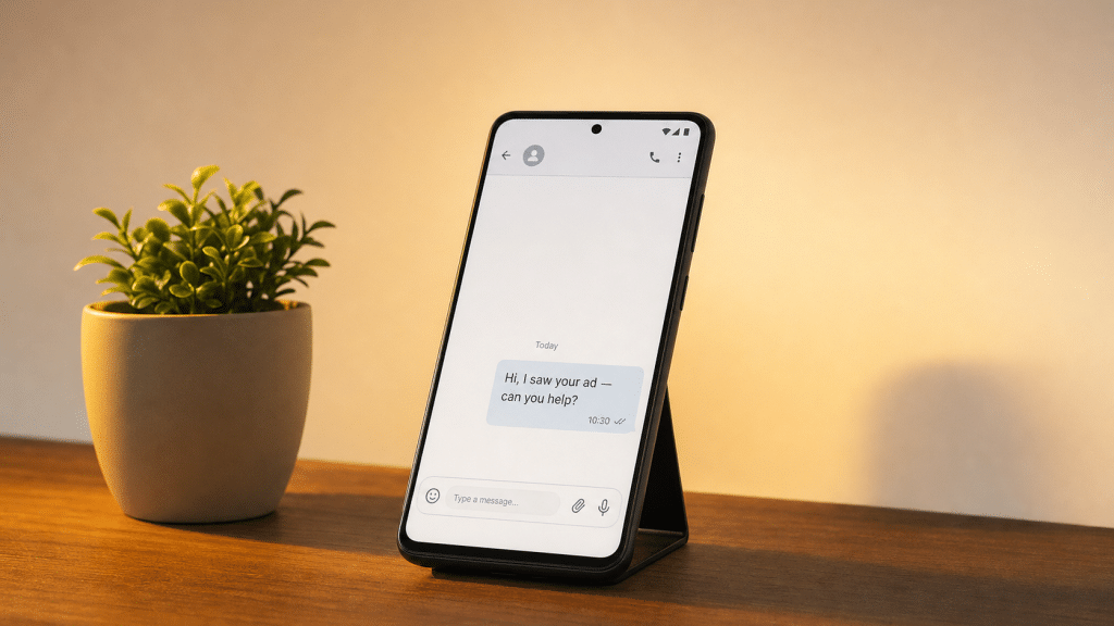 Click to WhatsApp ads — smartphone screen showing a WhatsApp chat conversation started from a Meta ad