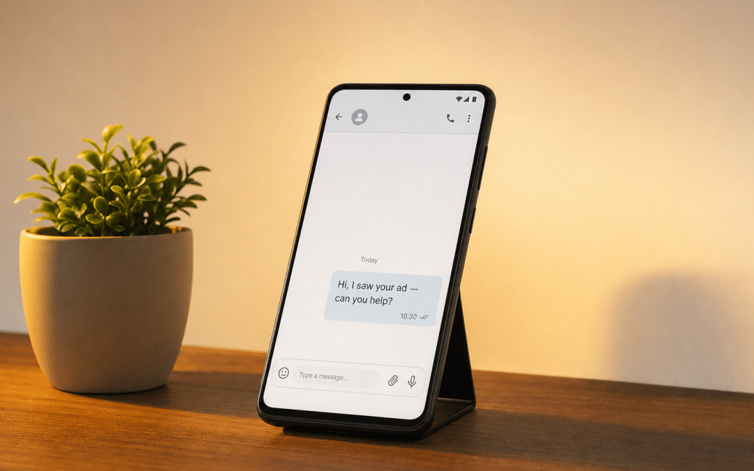 Click to WhatsApp ads — smartphone screen showing a WhatsApp chat conversation started from a Meta ad