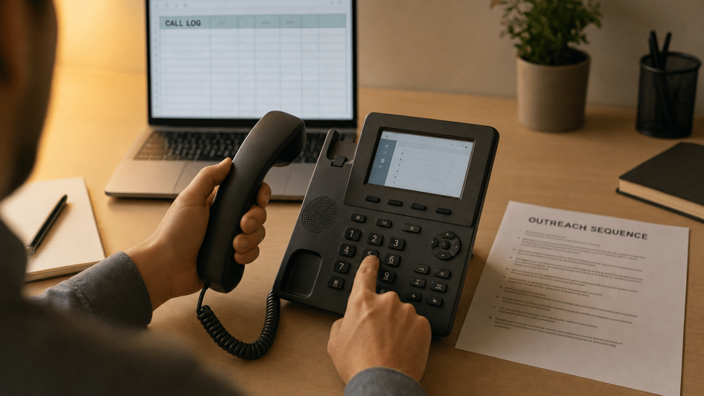 Cold calling south africa — over-the-shoulder view of hands dialling a desk phone with a call log spreadsheet visible on a laptop in the background