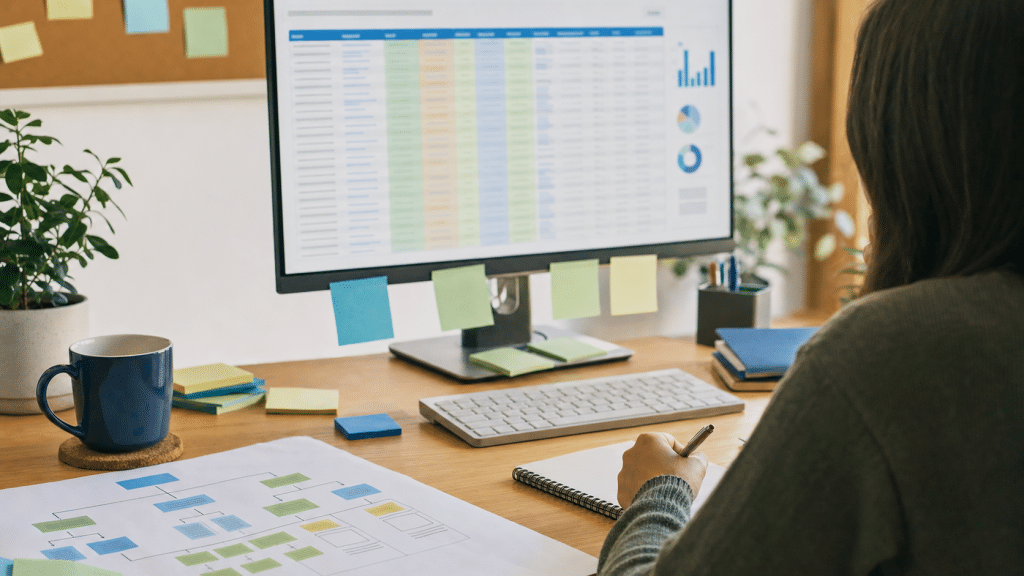 content consolidation seo guide — strategist reviewing content audit spreadsheet and site map