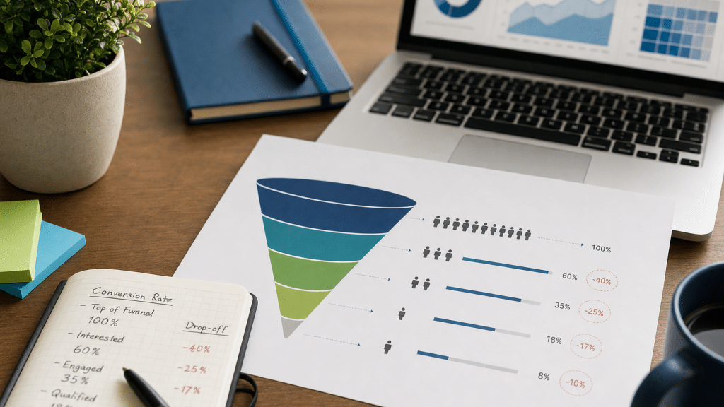 conversion funnel drop off analysis — printed funnel diagram with highlighted drop-off stages on a flat-lay analytics workspace