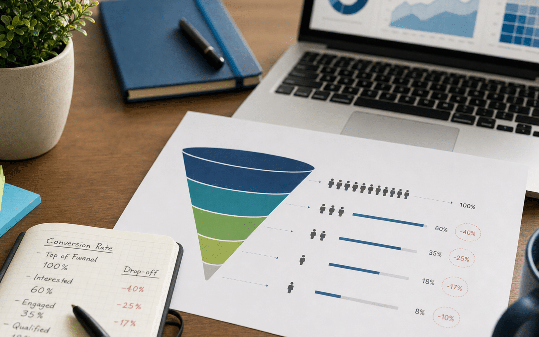 conversion funnel drop off analysis — printed funnel diagram with highlighted drop-off stages on a flat-lay analytics workspace