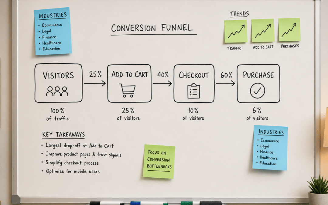 conversion rate benchmarks south africa — whiteboard funnel diagram showing industry conversion rates