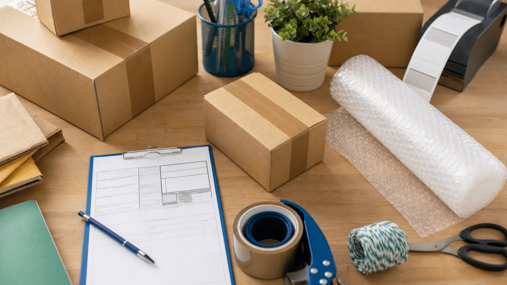 courier costs for ecommerce south africa — flat-lay of parcels, packing tape, and waybill slips on a wooden surface