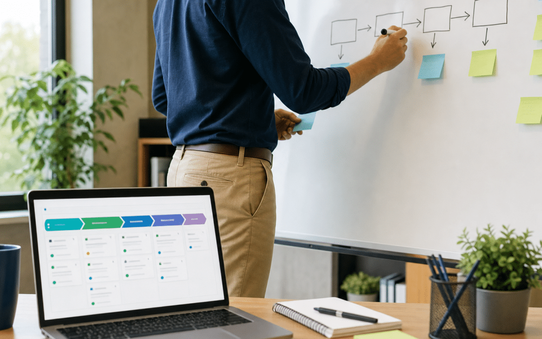 crm automation south africa — SA B2B professional mapping CRM pipeline workflows on a whiteboard