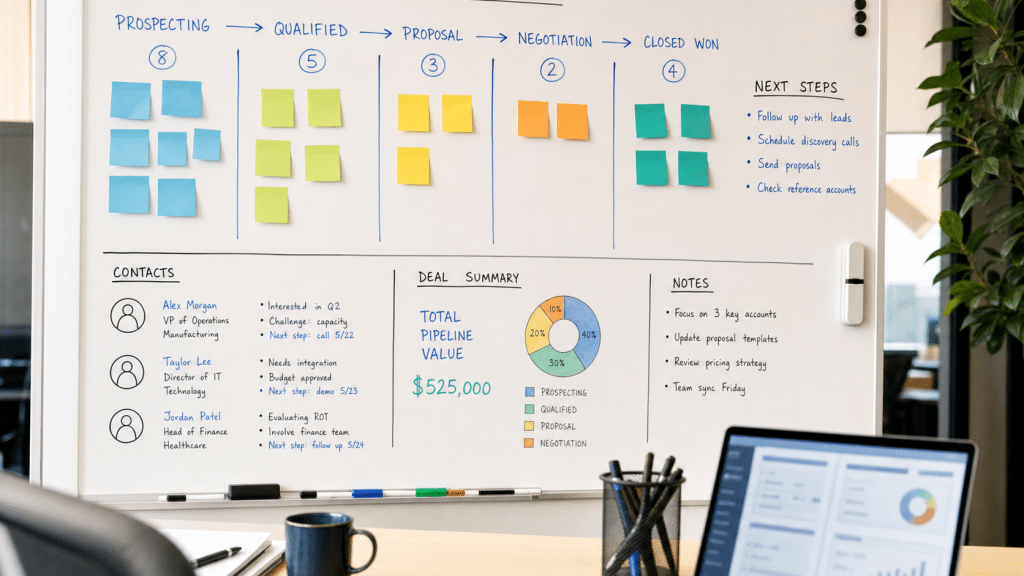 crm for b2b whiteboard showing a structured sales pipeline with labelled deal stages and contact records