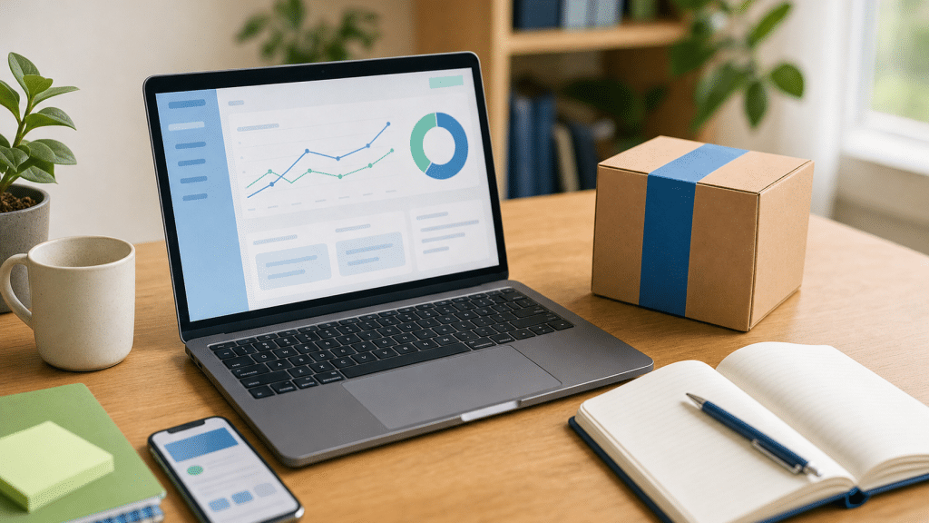 crm for ecommerce - laptop and product parcel on a wooden desk with notebook, South Africa store setup