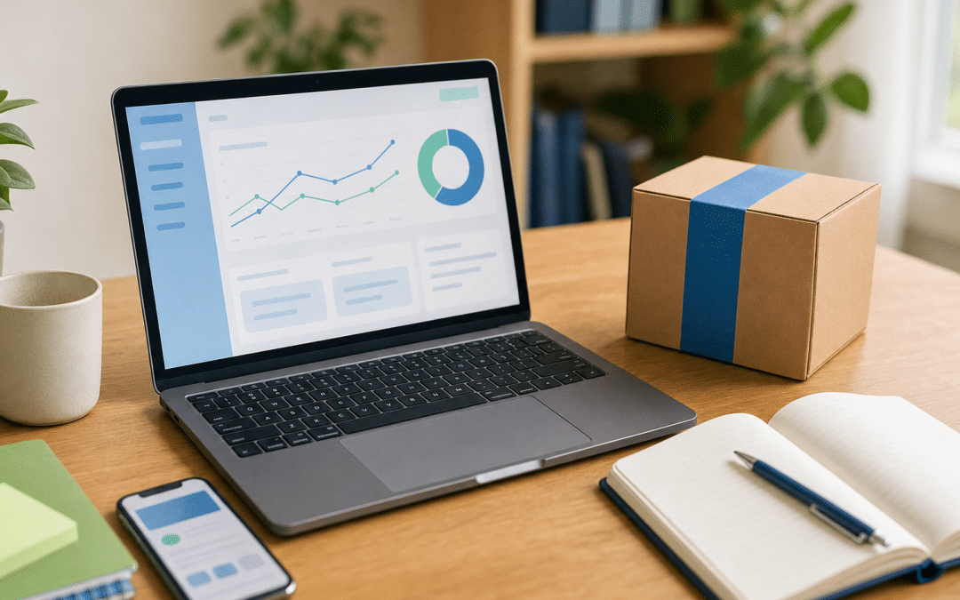 crm for ecommerce - laptop and product parcel on a wooden desk with notebook, South Africa store setup