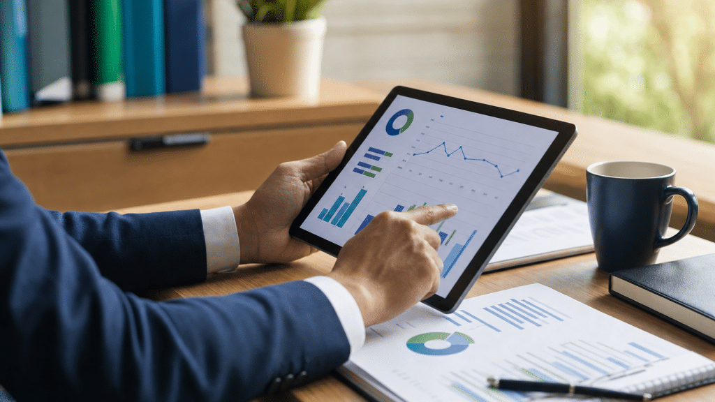 crm reporting for sales teams — professional reviewing pipeline dashboard on tablet