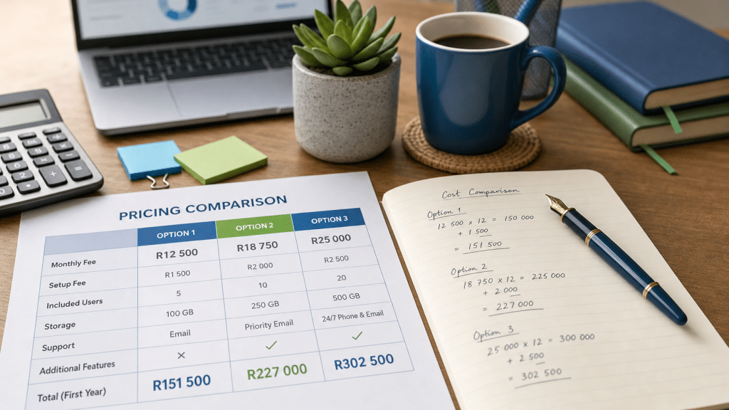 crm software pricing south africa — desk with printed rand pricing comparison and notebook