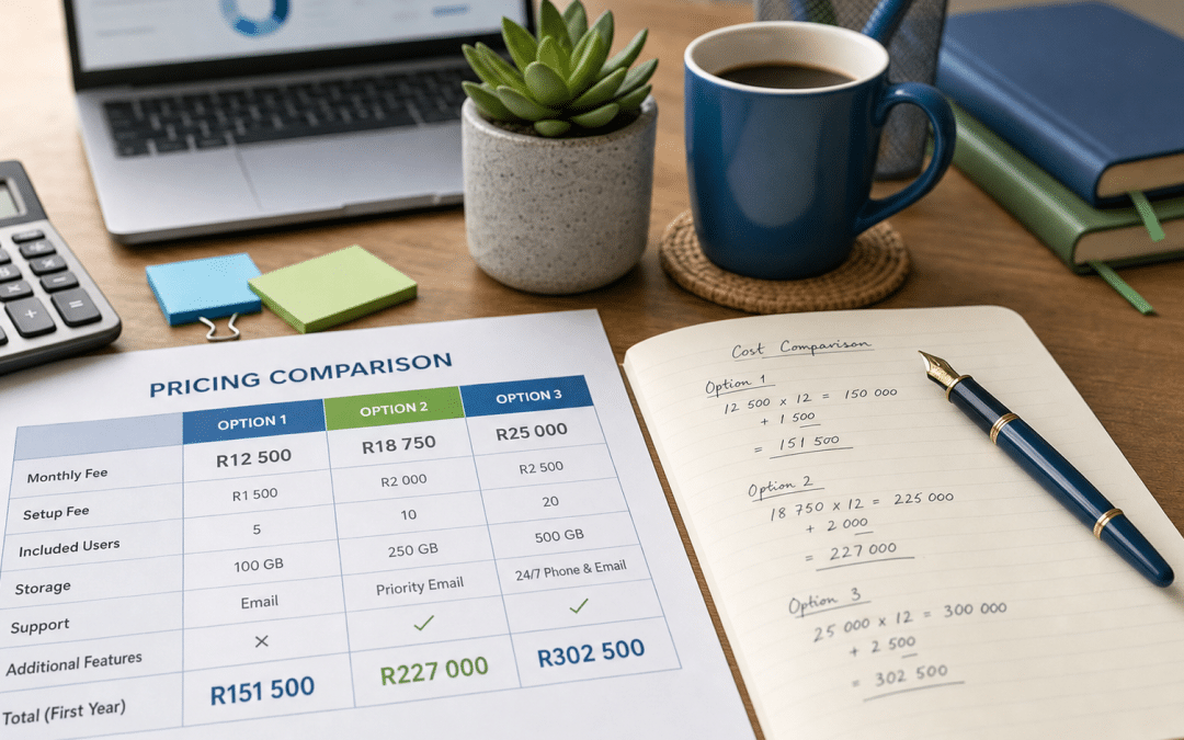 crm software pricing south africa — desk with printed rand pricing comparison and notebook