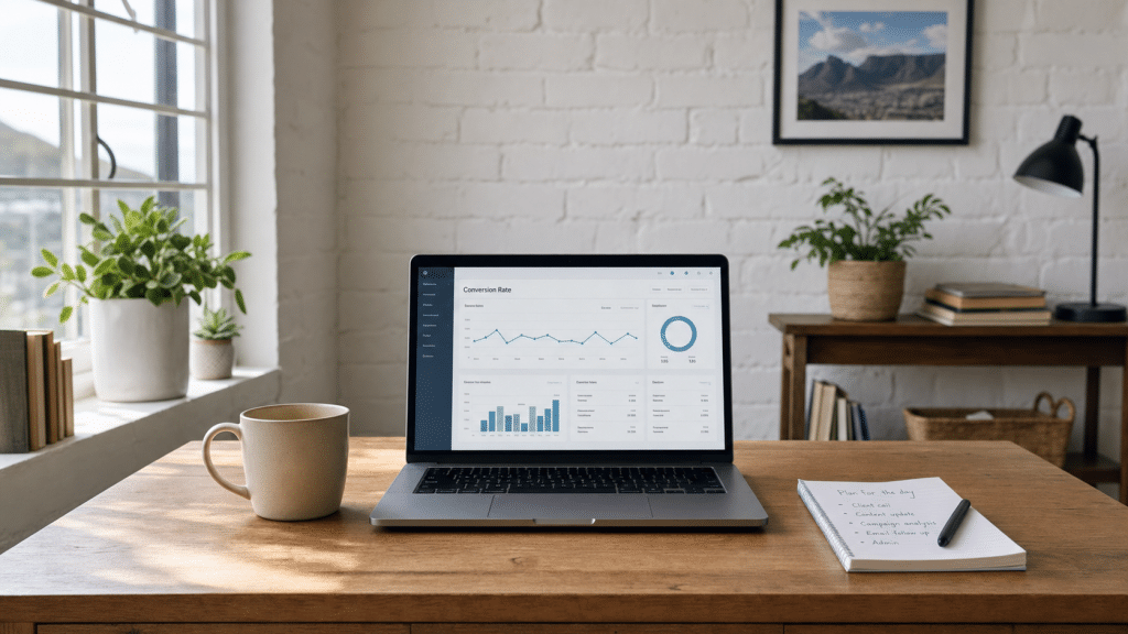 CRO Cape Town — a laptop showing a conversion rate analytics dashboard on a small Cape Town home-office desk in natural morning light