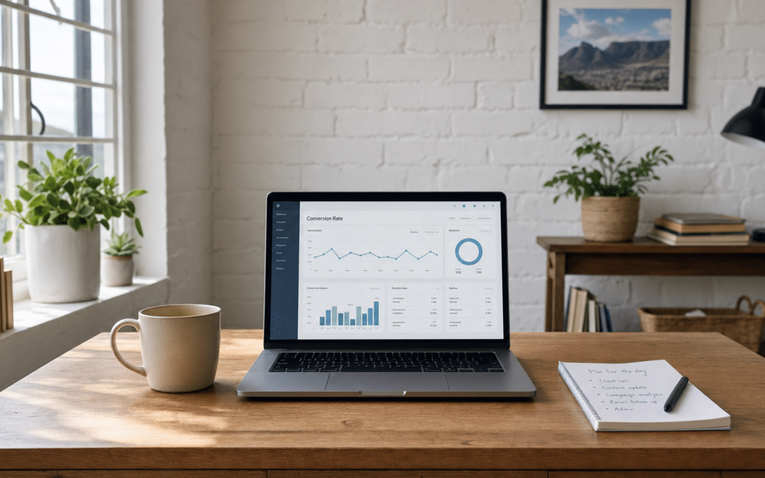 CRO Cape Town — a laptop showing a conversion rate analytics dashboard on a small Cape Town home-office desk in natural morning light