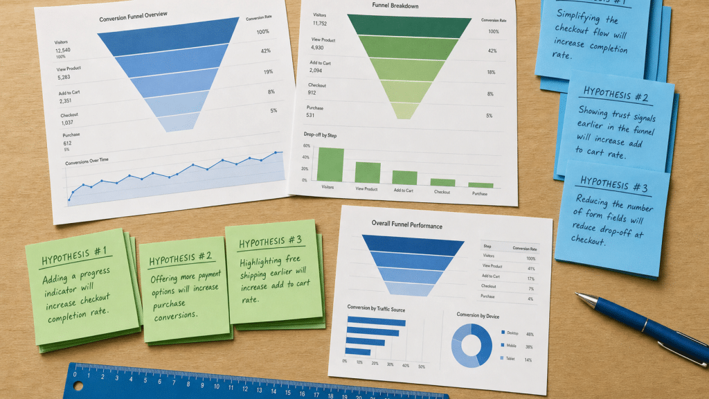 cro case study — printed analytics charts and colour-coded hypothesis sticky notes on a wooden desk
