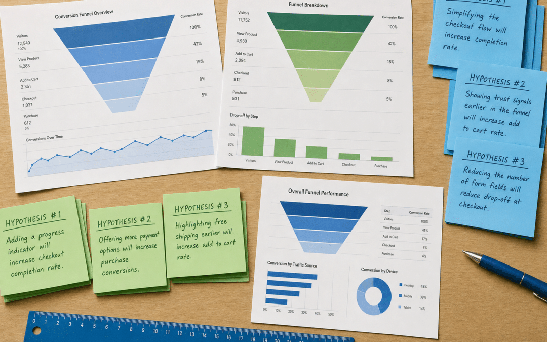 cro case study — printed analytics charts and colour-coded hypothesis sticky notes on a wooden desk