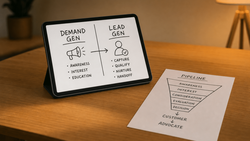 Demand generation vs lead generation tablet diagram on a wooden desk with a printed funnel beside it