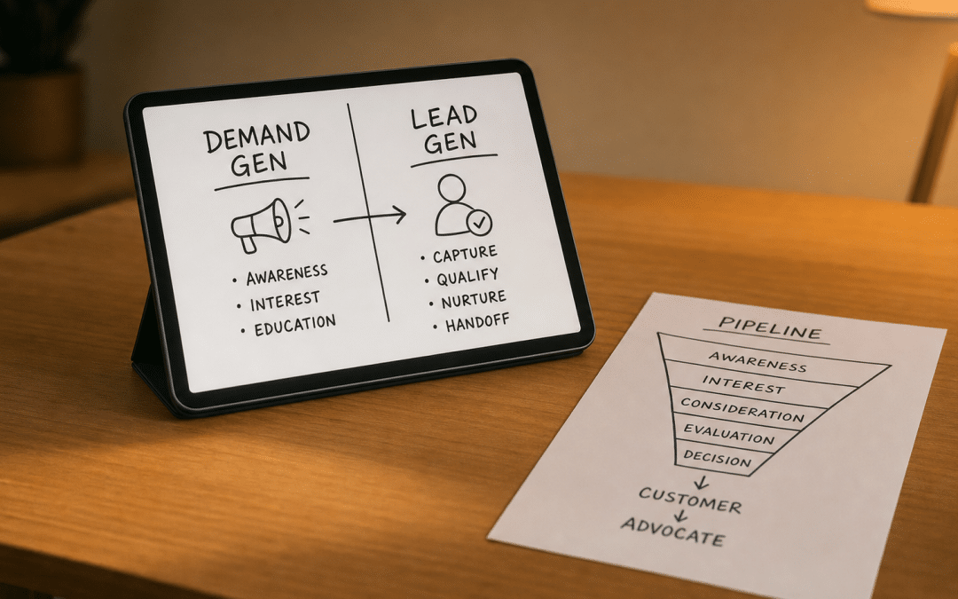 Demand generation vs lead generation tablet diagram on a wooden desk with a printed funnel beside it