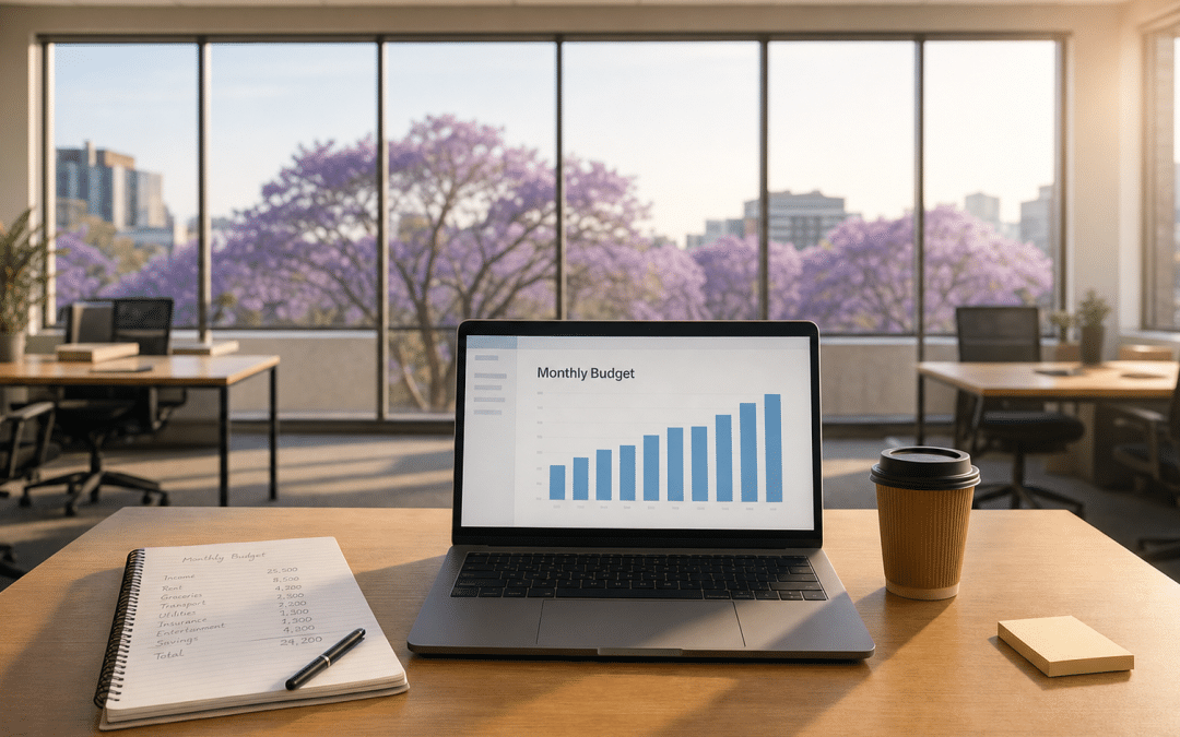Digital marketing costs Pretoria — a desk with a laptop showing a budget chart and handwritten notes in a Pretoria office