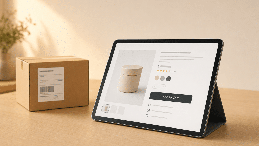 Ecommerce agency Cape Town — tablet displaying an online store product page beside a branded shipping box on a wooden desk