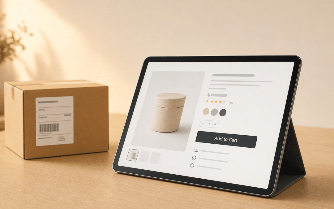 Ecommerce agency Cape Town — tablet displaying an online store product page beside a branded shipping box on a wooden desk