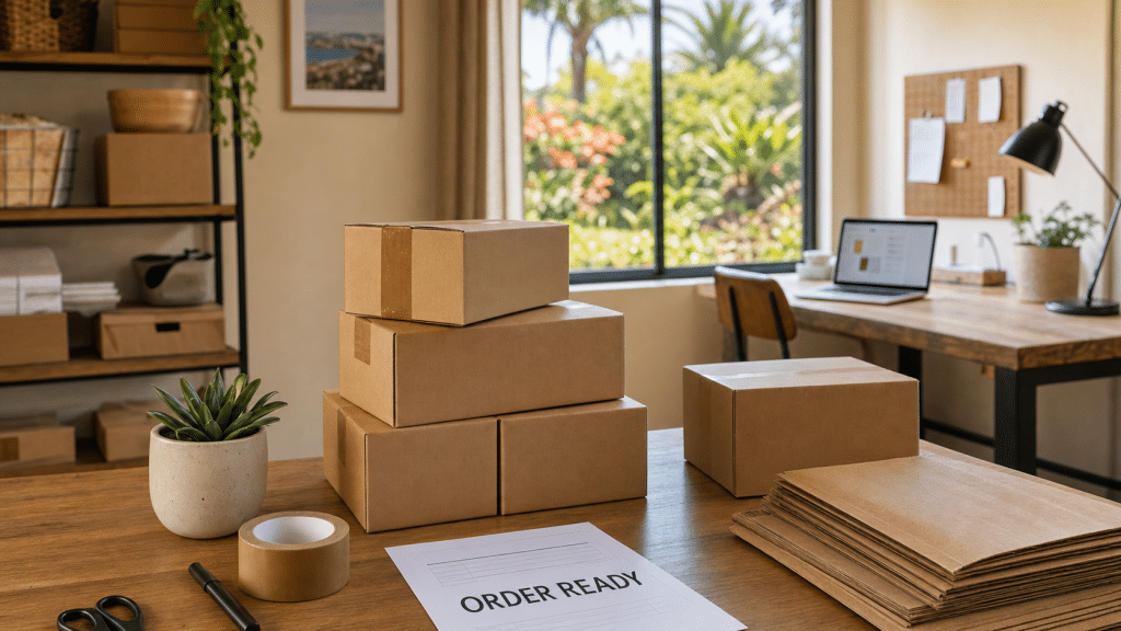 Ecommerce Durban small business packing station with shipping boxes and printed order sheet on a wooden desk