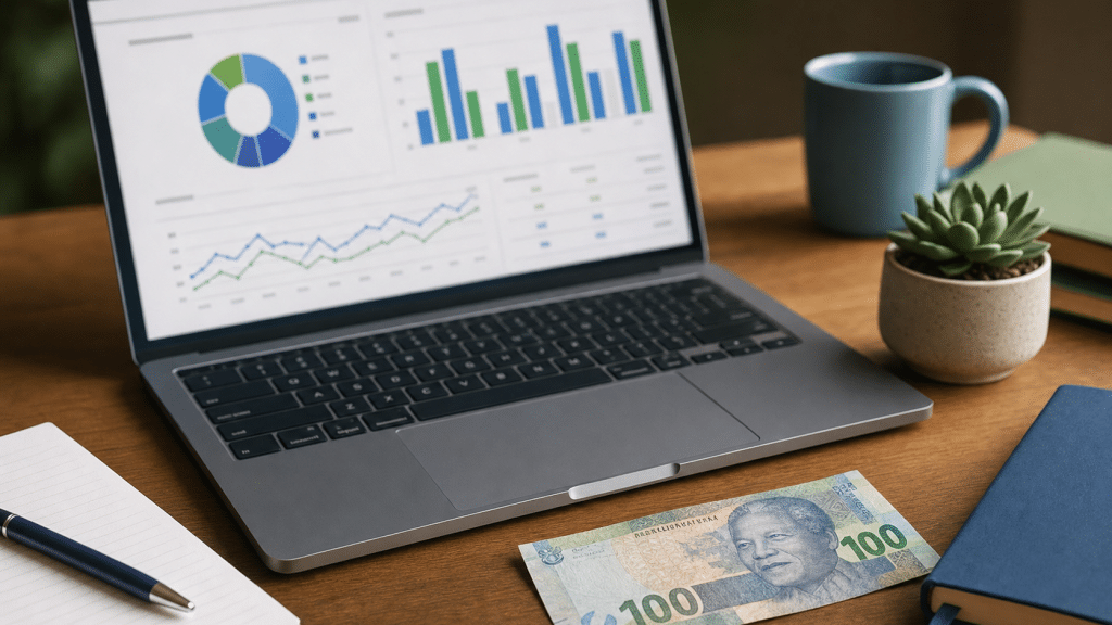 ecommerce measurement strategy analytics dashboard on a laptop with South African Rand note on a desk