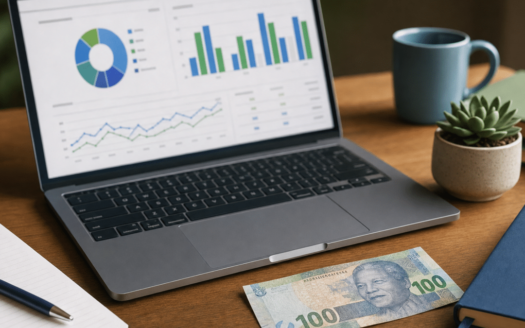 ecommerce measurement strategy analytics dashboard on a laptop with South African Rand note on a desk