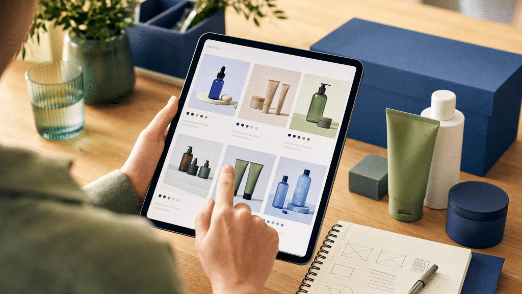 ecommerce merchandising strategy — person reviewing product grid layouts on a tablet