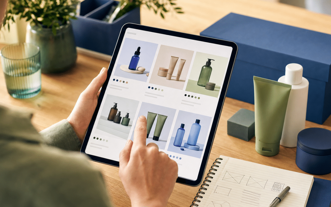 ecommerce merchandising strategy — person reviewing product grid layouts on a tablet