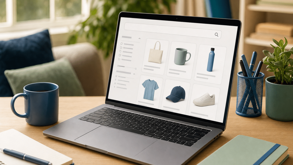 ecommerce onsite search best practices — laptop showing store search interface on a desk with blue and green accents
