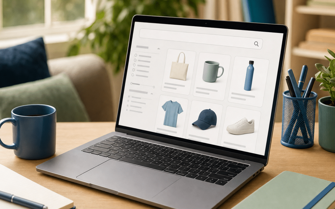 ecommerce onsite search best practices — laptop showing store search interface on a desk with blue and green accents