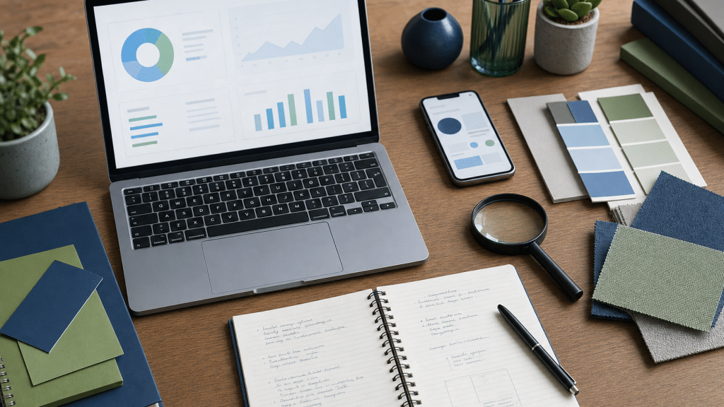 ecommerce onsite search optimization — product catalogue cards magnifying glass and laptop on a warm wooden desk flatlay