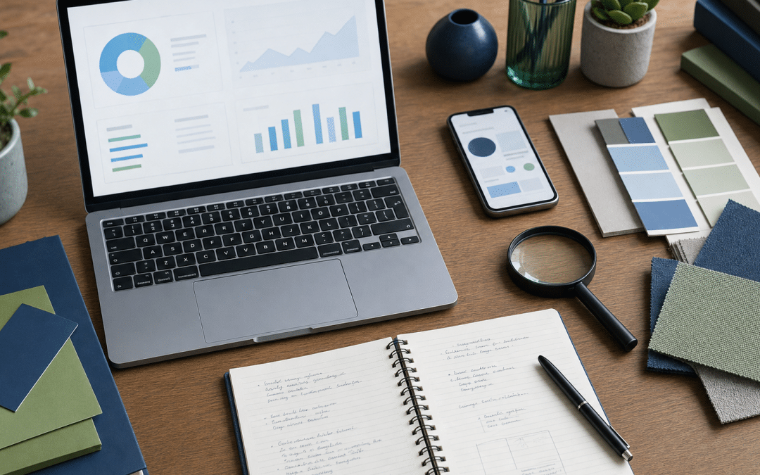 ecommerce onsite search optimization — product catalogue cards magnifying glass and laptop on a warm wooden desk flatlay