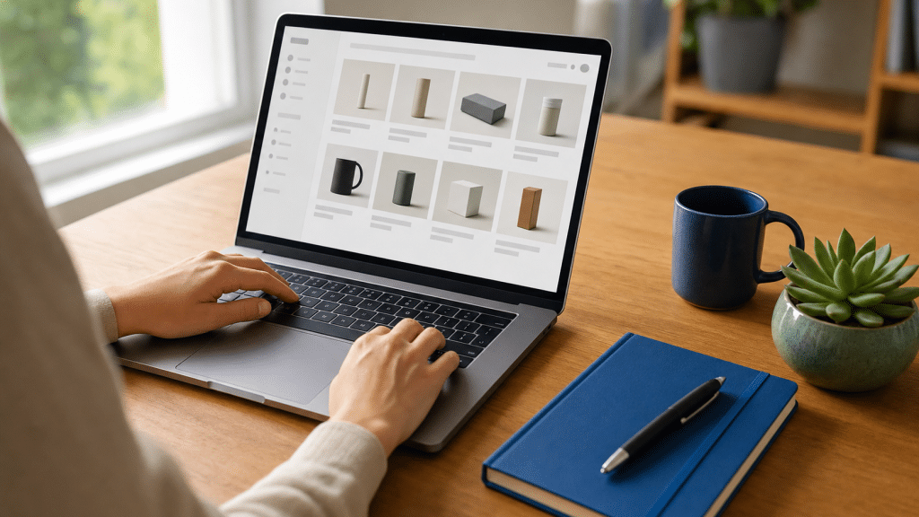 ecommerce product feed optimization — over-the-shoulder view of a merchant reviewing a Google Shopping product catalogue on a laptop
