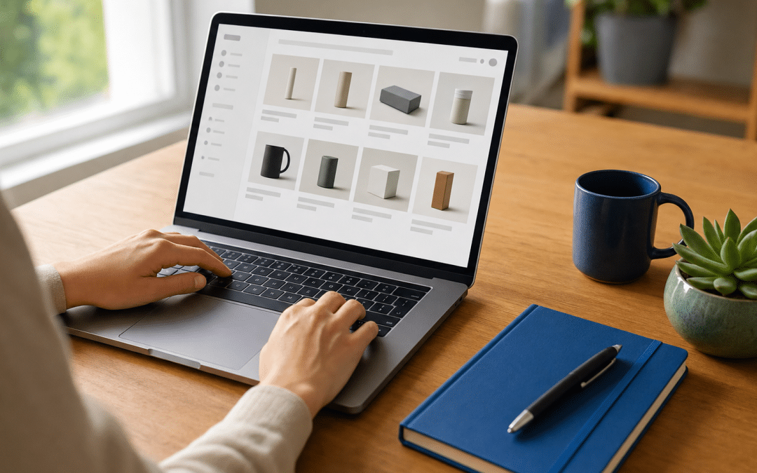 ecommerce product feed optimization — over-the-shoulder view of a merchant reviewing a Google Shopping product catalogue on a laptop