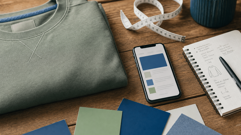 ecommerce product page optimization flat-lay with smartphone garment and notes on wood surface